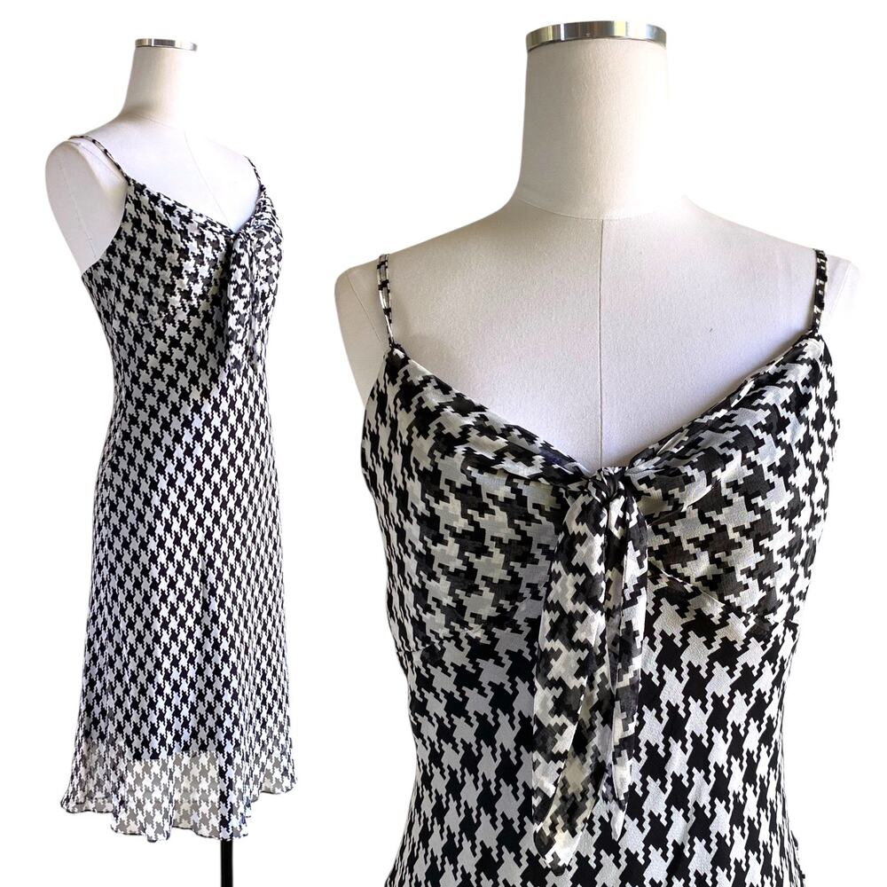 90s Betsey Johnson Black White Houndstooth Silk Chiffon Bias Cut Slip Dress L